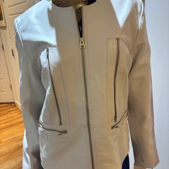 Bloomingdales white leather jacket designer zippers XL - Picture 1 of 4